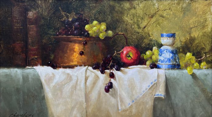 Jean Chambers Abundance copper pot apple green grapes still life oil painting