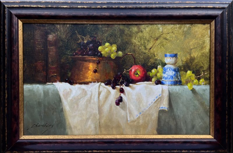 Jean Chambers Abundance copper pot apple green grapes still life oil painting framed