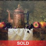Jean Chambers Apples and Grapes copper pot tea apple grapes stillife oil painting framed sold