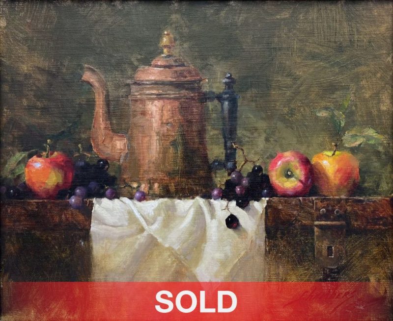 Jean Chambers Apples and Grapes copper pot tea apple grapes stillife oil painting framed sold