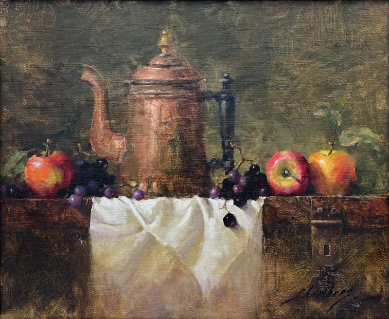 Jean Chambers Apples and Grapes copper pot tea apple grapes stillife oil painting framed