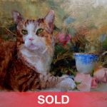 Jean Chambers Posing With Still-life cat flowers oil painting