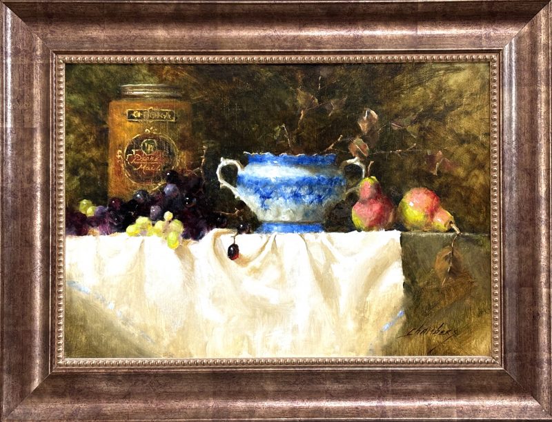 Jean Chambers Soup Tureen stillife still life painting pears china oil painting framed