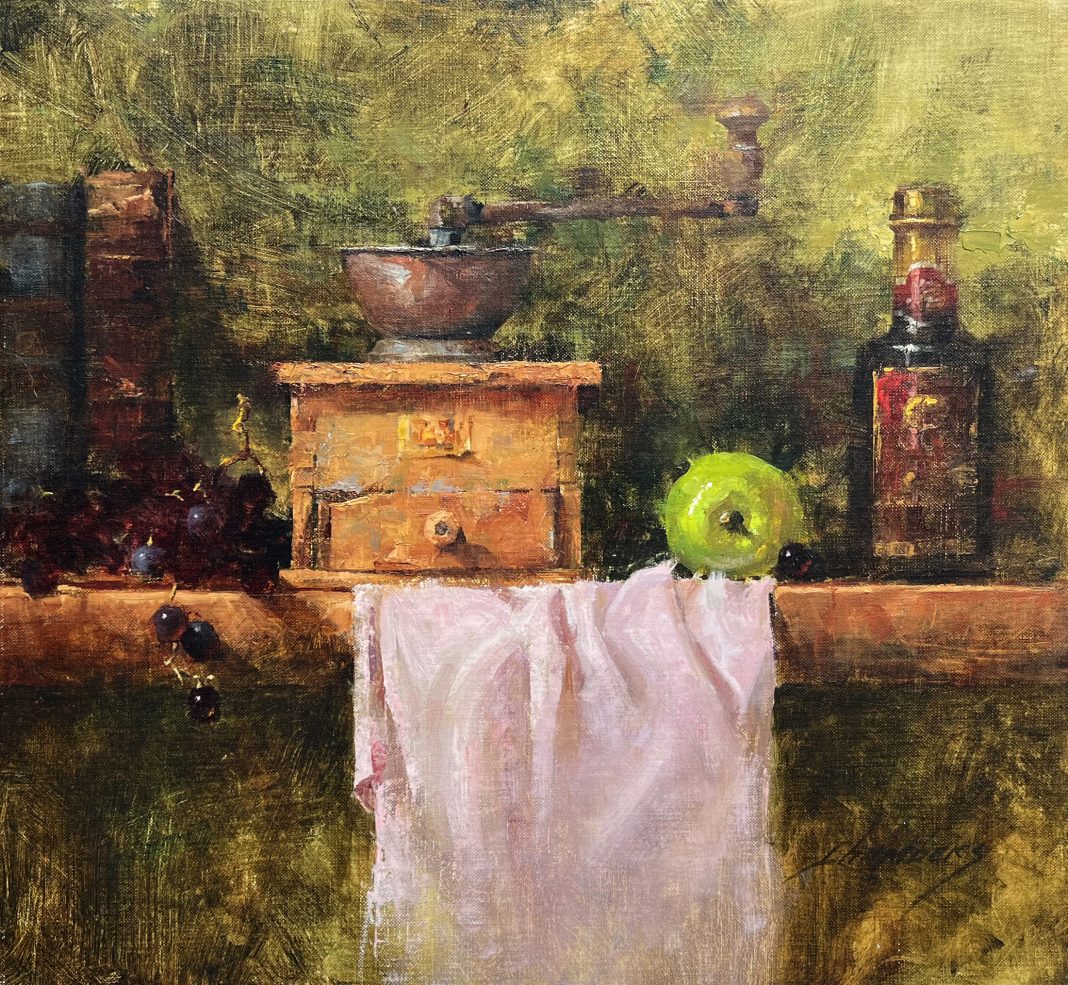 Jean Chambers Strong Blend coffee apple stillife oil painting