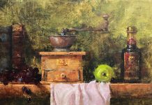 Jean Chambers Strong Blend coffee apple stillife oil painting