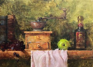 Jean Chambers Strong Blend coffee apple stillife oil painting