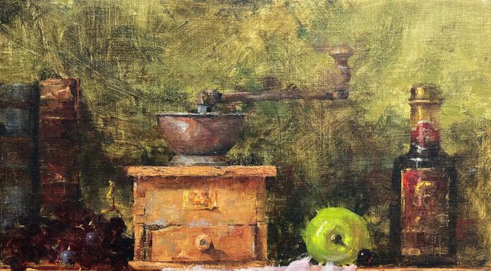 Jean Chambers Strong Blend coffee apple stillife oil painting