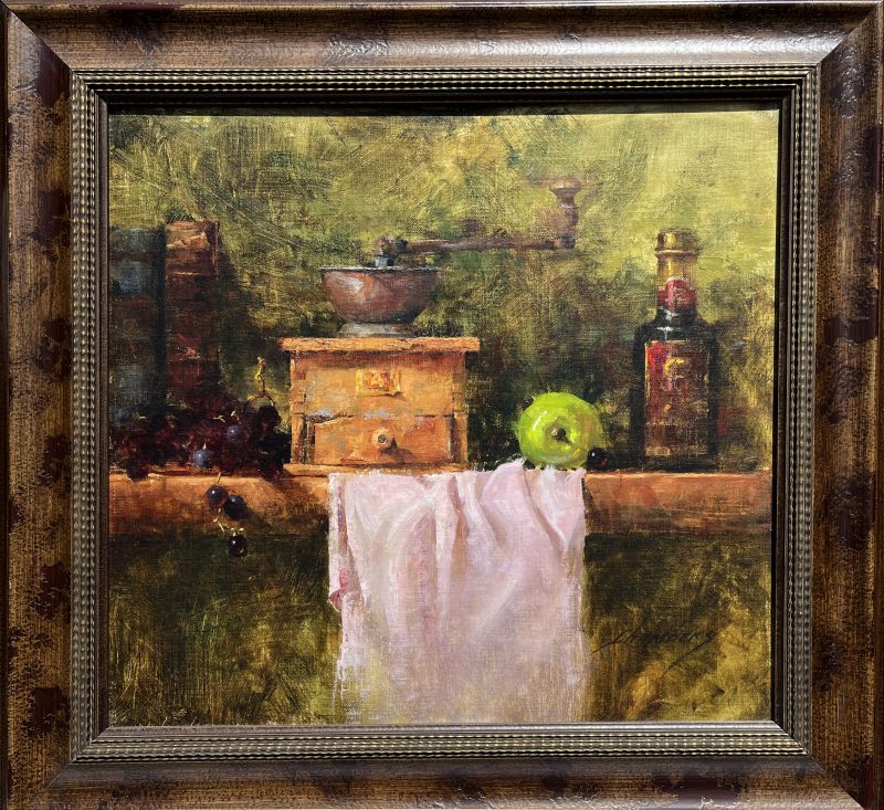 Jean Chambers Strong Blend coffee apple stillife oil painting framed