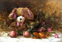 Jean Chambers Teddy Bear flowers oranges stillife still life oil painting