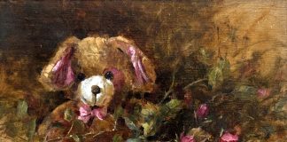 Jean Chambers Teddy Bear flowers oranges stillife still life oil painting