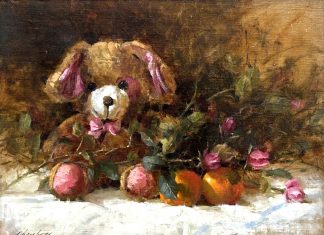 Jean Chambers Teddy Bear flowers oranges stillife still life oil painting