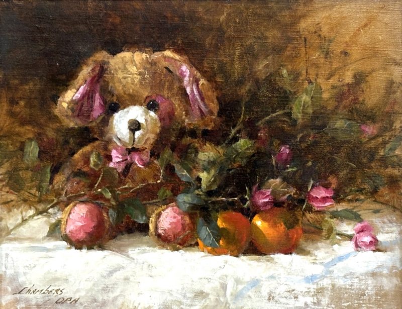 Jean Chambers Teddy Bear flowers oranges stillife still life oil painting