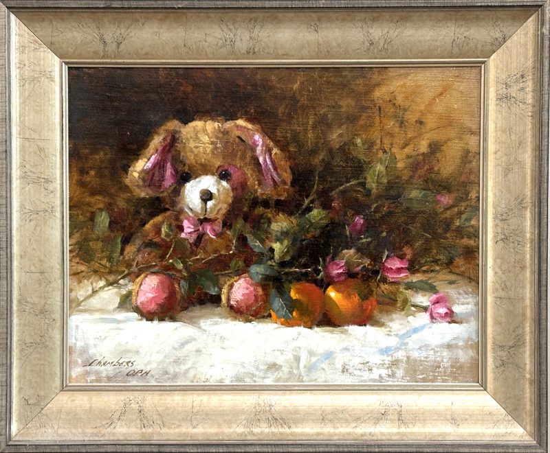 Jean Chambers Teddy Bear flowers oranges stillife still life oil painting framed