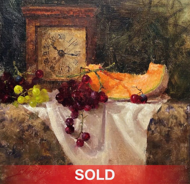 Jean Chambers Time For Cantaloupe antique clock grapes stillife oil painting sold