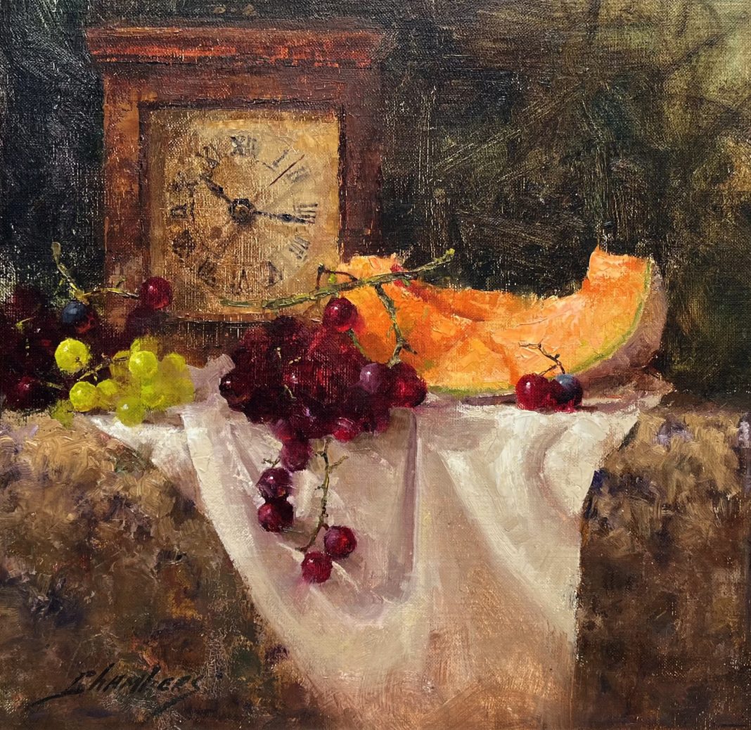 Jean Chambers Time For Cantaloupe antique clock grapes stillife oil painting