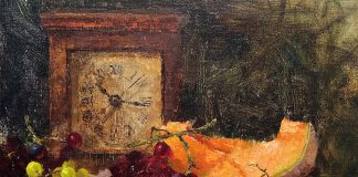 Jean Chambers Time For Cantaloupe antique clock grapes stillife oil painting