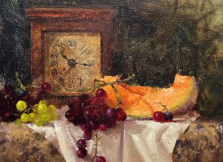 Jean Chambers Time For Cantaloupe antique clock grapes stillife oil painting