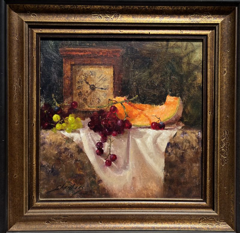 Jean Chambers Time For Cantaloupe antique clock grapes stillife oil painting framed