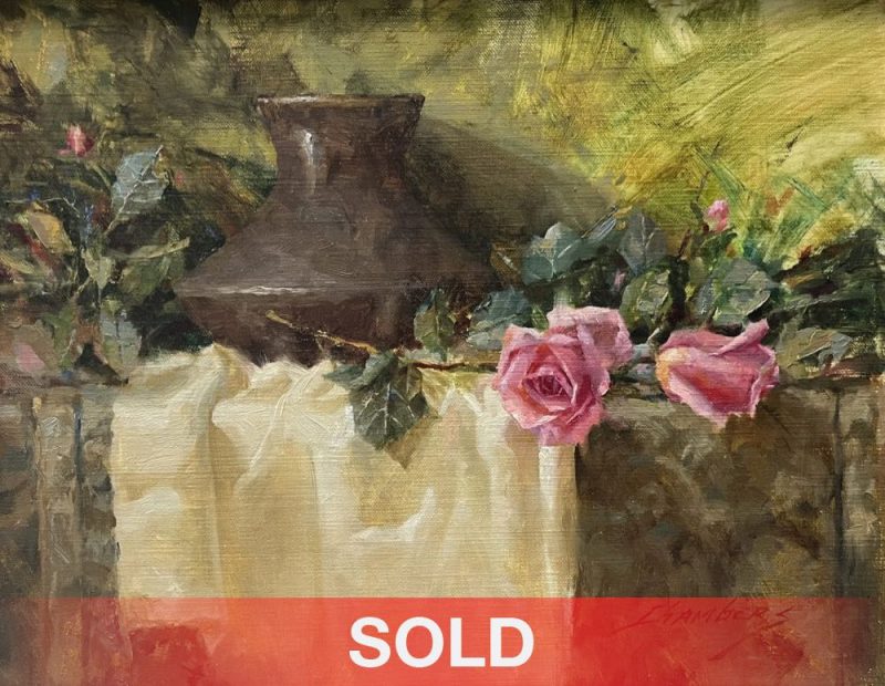 Jean Chambers Urn With Roses flowers floral still-life oil painting sold