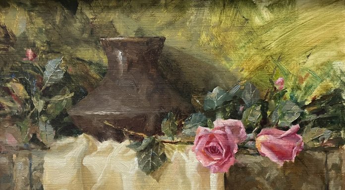 Jean Chambers Urn With Roses flowers floral still-life oil painting