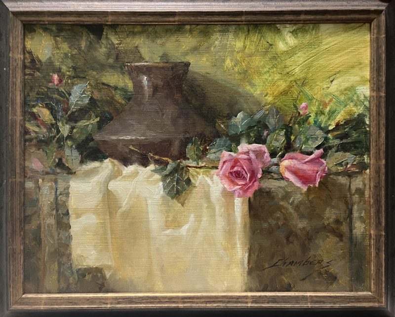 Jean Chambers Urn With Roses flowers floral still-life oil painting framed