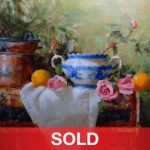 jean chambers yogurt pot and roses stillife oil painting