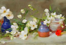 Kathy Anderson Red Nasturtiums With Mixed Pottery floral flower still life oil painting