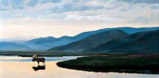 Lanford Monroe "Reverie" moose wildlife lake mountains high mountain oil painting