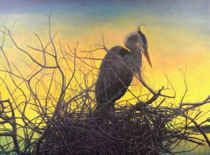 mary cornish nest bird egret oil painting sunrise sunset