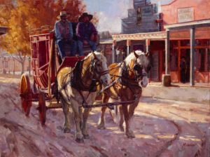 meadow gist all the world is a stage stagecoach cowboys horses oil painting