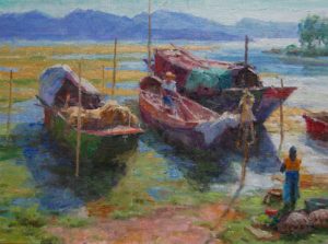 ned mueller lake eri yunnan china boat lake mountain oil painting