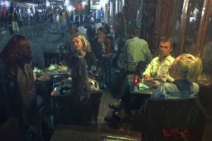 paul cheng bistros light interior building people at tables oil painter interior 