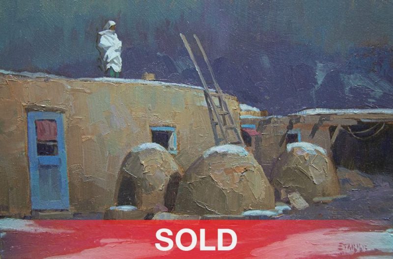 Phil Starke Along Time Taos Pueblo Native American Indian architecture adobe Santa Fe New Mexico western oil painting sold