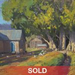 Phil Starke Backyard Chickens San Patricio New Mexico ranch farm house home cottonwood trees western landscape oil painting sold