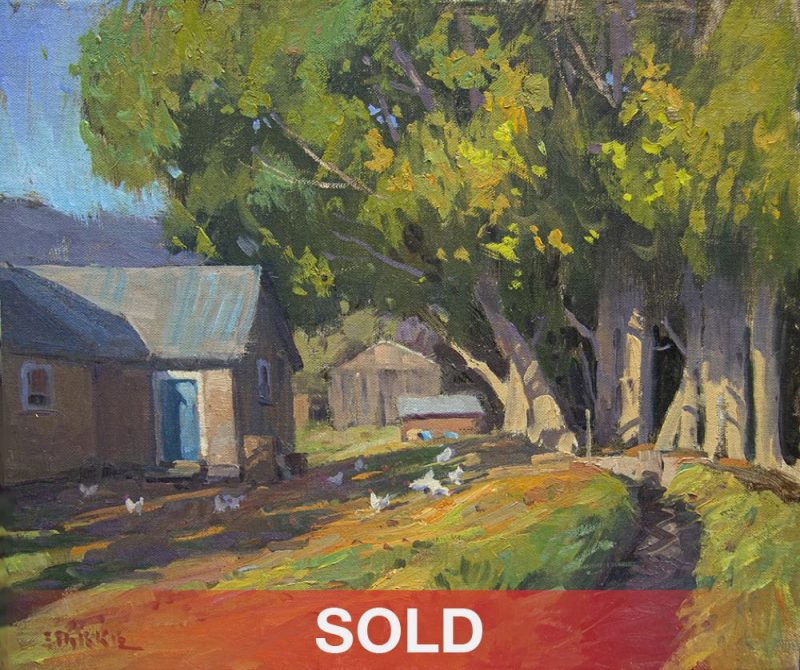 Phil Starke Backyard Chickens San Patricio New Mexico ranch farm house home cottonwood trees western landscape oil painting sold