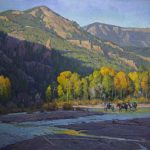 Phil Starke Morning Shadows, Shoshone River cowboy horses stream mountains western oil painting