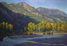 Phil Starke Morning Shadows, Shoshone River cowboy horses stream mountains western oil painting