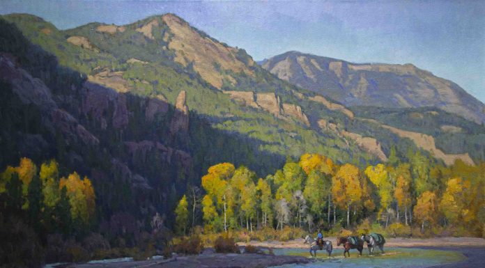 Phil Starke Morning Shadows, Shoshone River cowboy horses stream mountains western oil painting