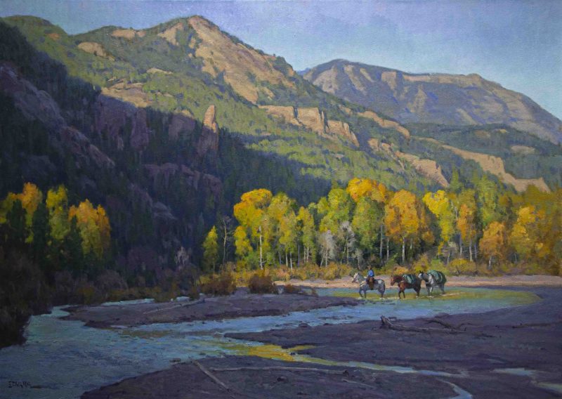 Phil Starke Morning Shadows, Shoshone River cowboy horses stream mountains western oil painting