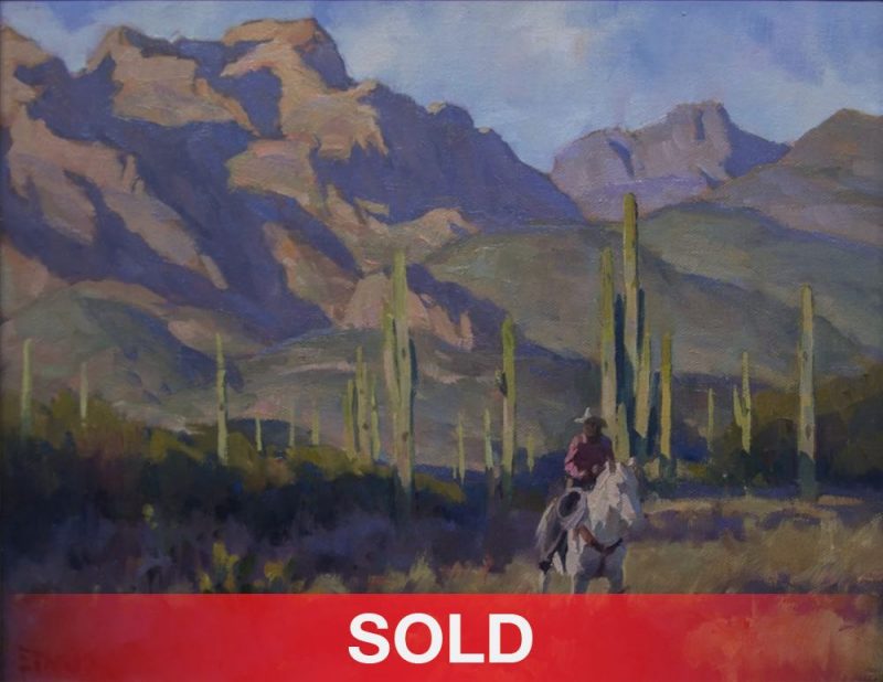 Phil Starke Santa Catalina Sunset desert landscape Tucson Arizona cowboy white horse western oil painting sold