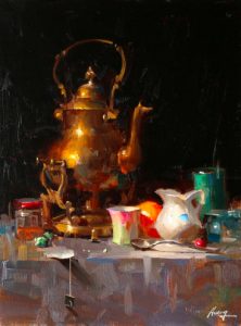 qiang huang present moment copper pot pottery still life oil painting