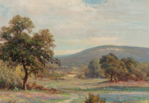 Robert William Wood Texas Bluebonnets landscape trees path sky mountains oil painting Texas Art