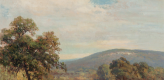 Robert William Wood Texas Bluebonnets landscape trees path sky mountains oil painting Texas Art