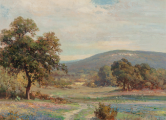 Robert William Wood Texas Bluebonnets landscape trees path sky mountains oil painting Texas Art