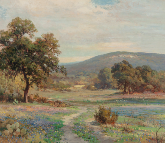 Robert William Wood Texas Bluebonnets landscape trees path sky mountains oil painting Texas Art
