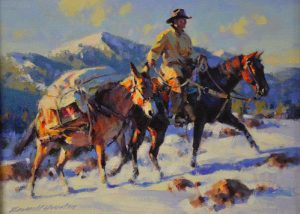 russell houston early days of spring cowboy horse mule western oil painting