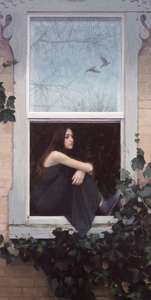 casey childs take these broken wings woman sitting on window sill birds reflected in window figurative female oil painting portrait gold medal winner