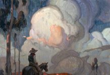 eric bowman picture show cowboy horse horseback cloudy sky western oil painting