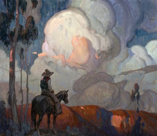 eric bowman picture show cowboy horse horseback cloudy sky western oil painting