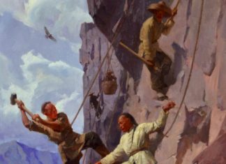 mian situ Blasting A Route Through The Sierra Nevada Mountains, 1865, Central Pacific Railroad Prix de West Award Winner oil painting